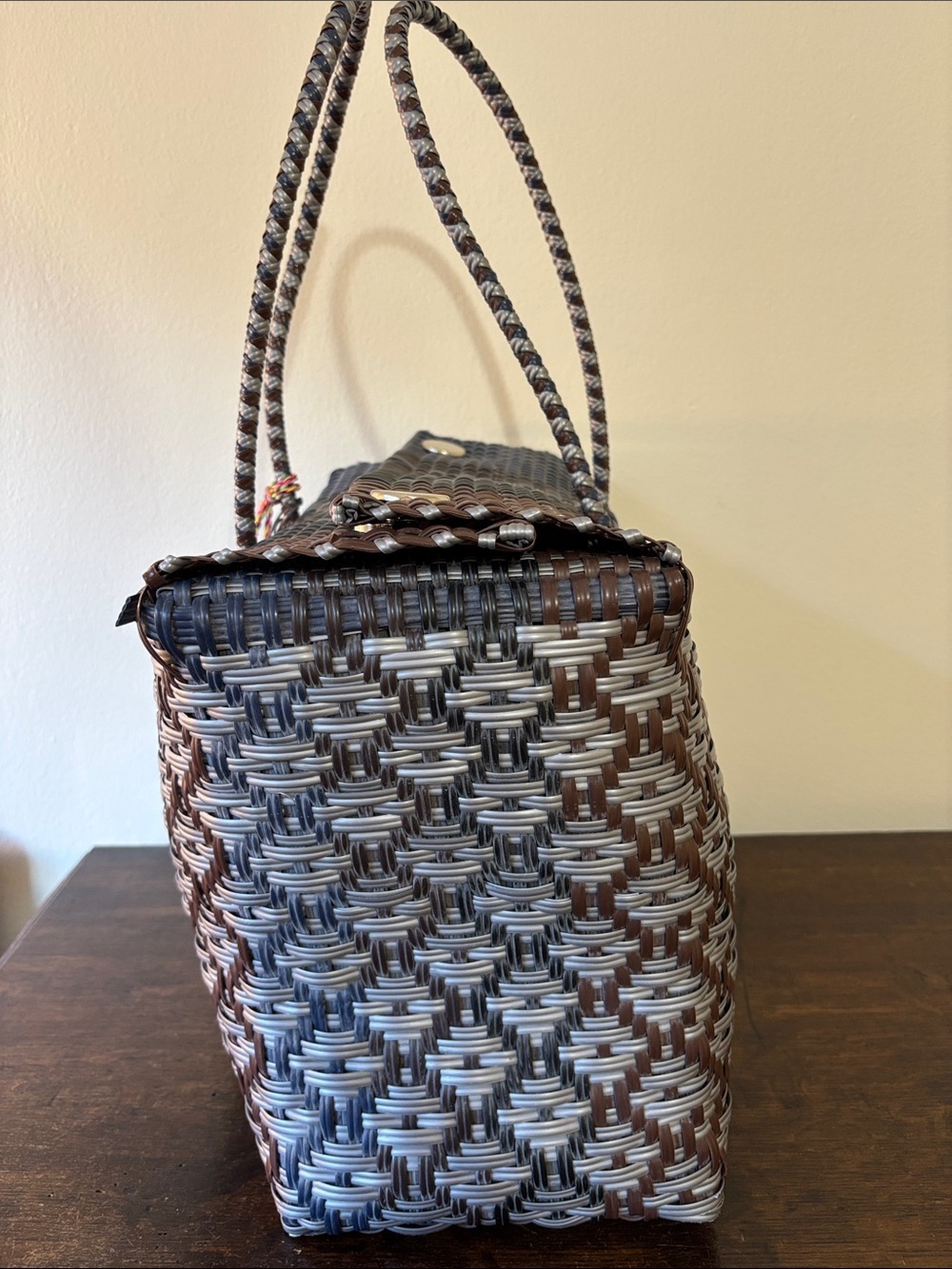 Handwoven Gray and Brown Tote with Green Tassel Charm - Picture 3 of 8